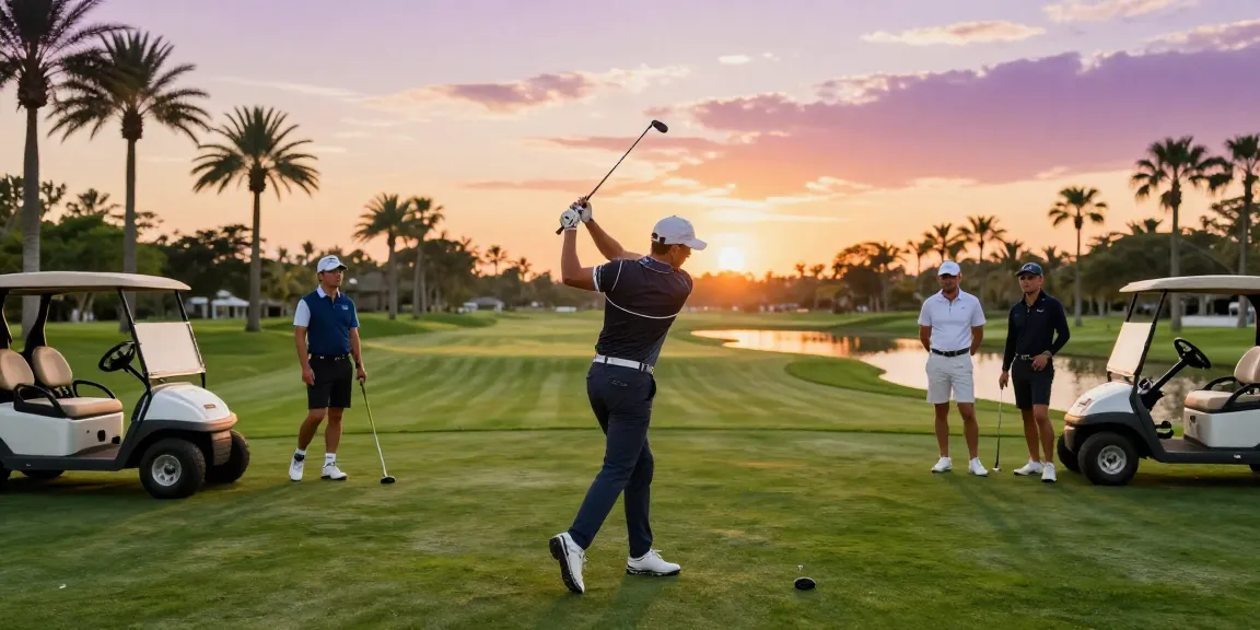 A golfer showcasing stylish 골프웨어 레플리카 during a sunset at a premium golf course.