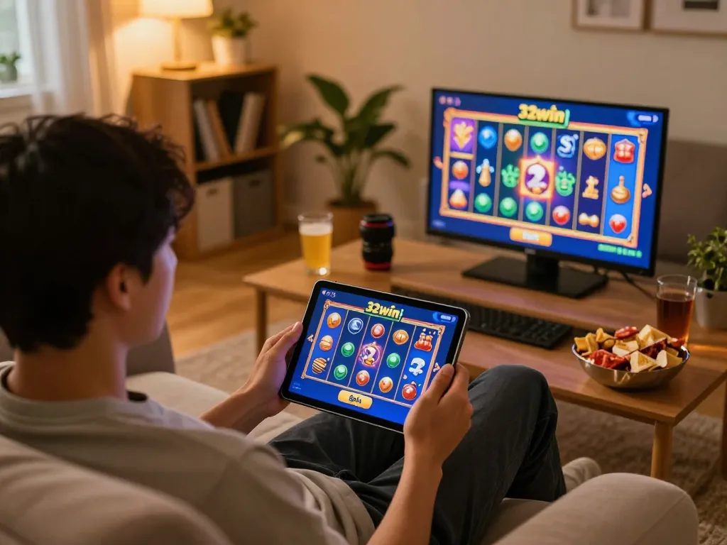 Player engaging with 32win casino app on tablet in cozy living room, reflecting responsible gaming.