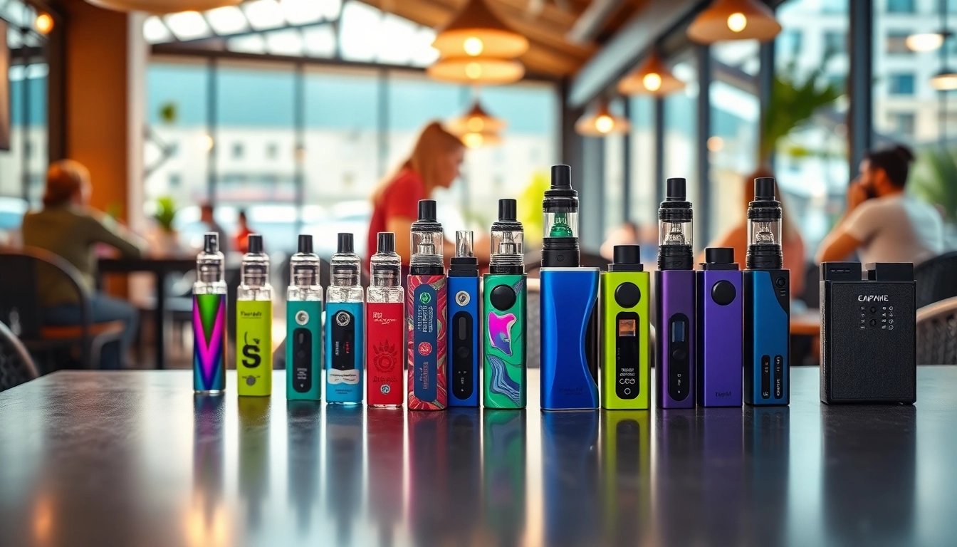 Engaging display of colorful disposable vapes on a modern table in a lively café setting.
