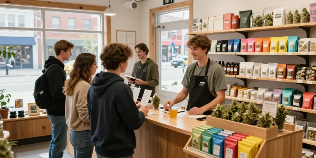 Cheapest weed in Winnipeg available at a friendly neighborhood dispensary with diverse customers browsing cannabis products.