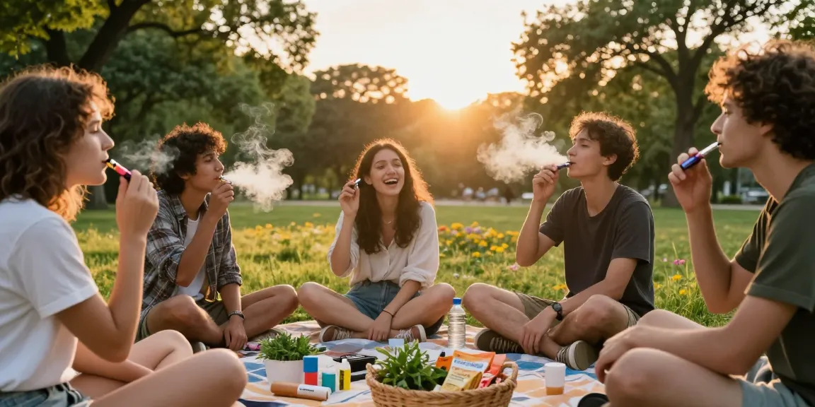 Disposable THC vape pens for a social wellness experience in a natural setting with friends enjoying organic quality products.