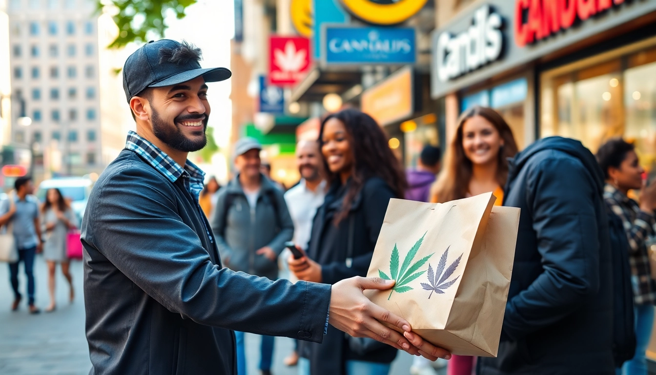 Order weed online through a friendly delivery service in a bustling city atmosphere.