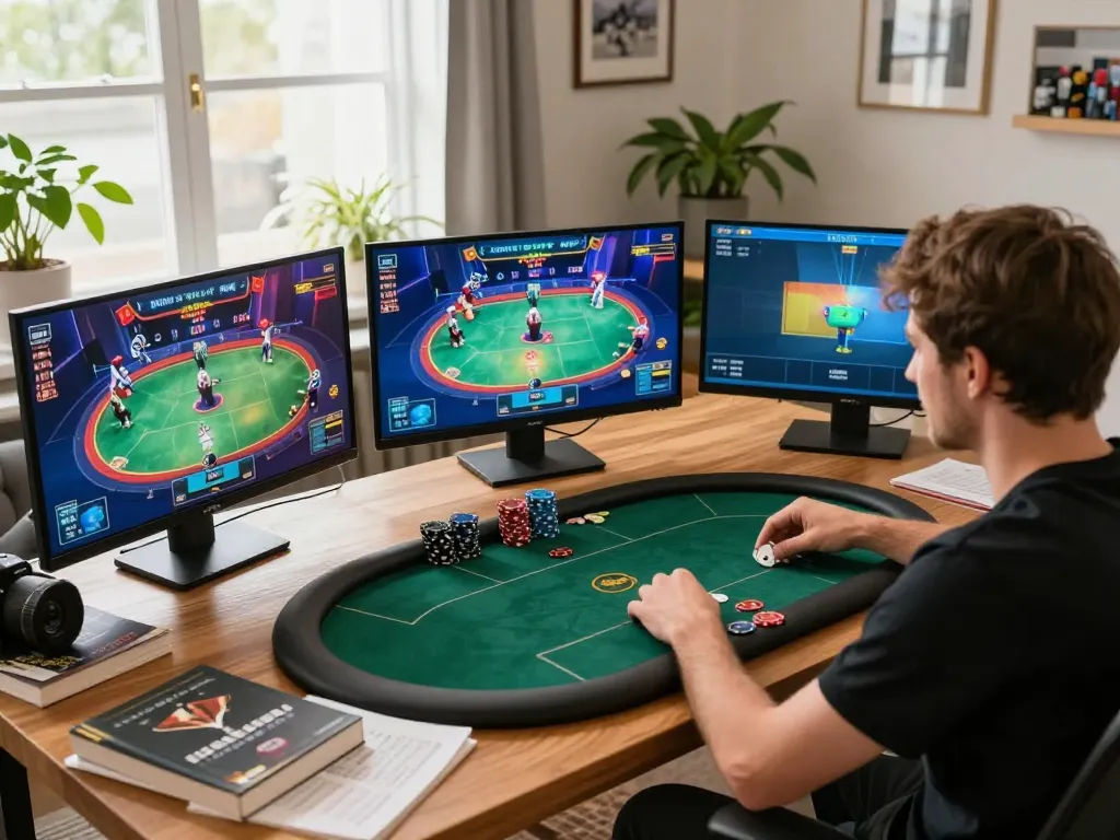 Engaging online gaming scene showcasing go8 poker strategies in a cozy home