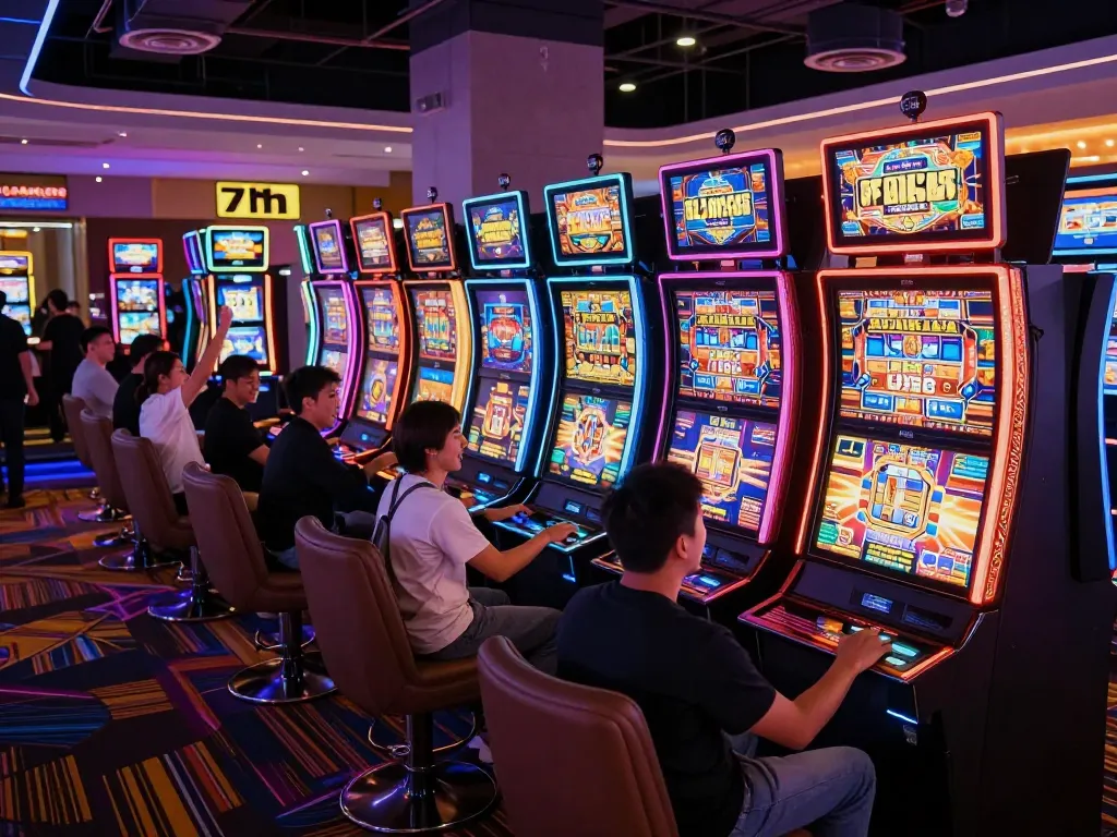 Players enjoy engaging with vibrant slot machines at 7hh casino, celebrating wins and excitement.