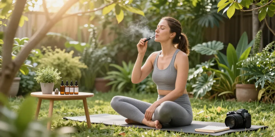 Ministry of Cannabis web official CBD oil and vape lifestyle scene in a tranquil garden.