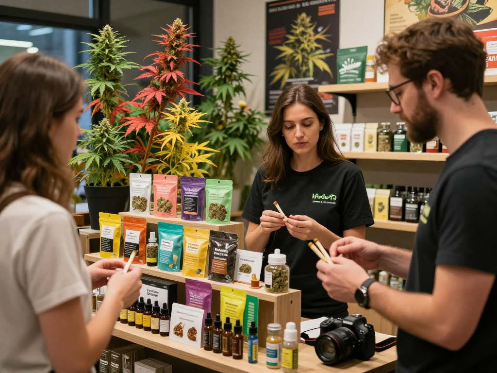 Buy Cannabis Strains Online Europe in a modern dispensary with diverse products and knowledgeable staff.