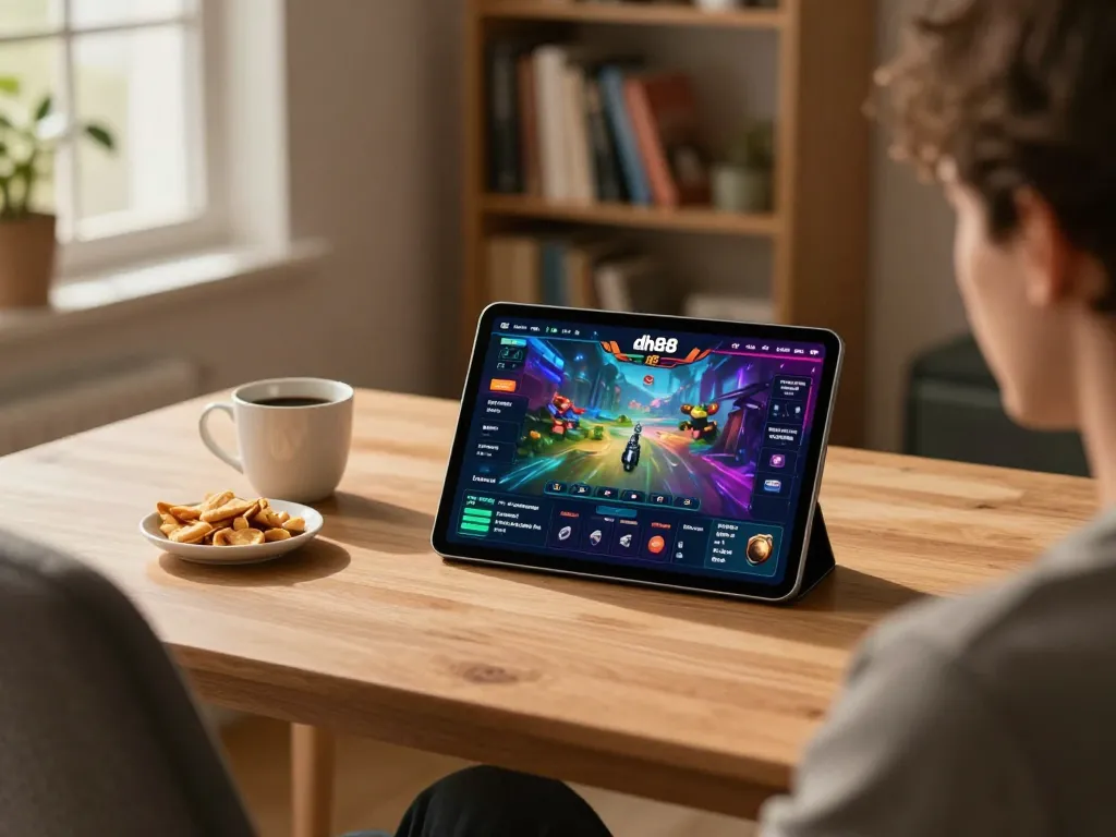 Experience the thrill of dh88 bet with a cozy home gaming setup featuring a tablet in use.