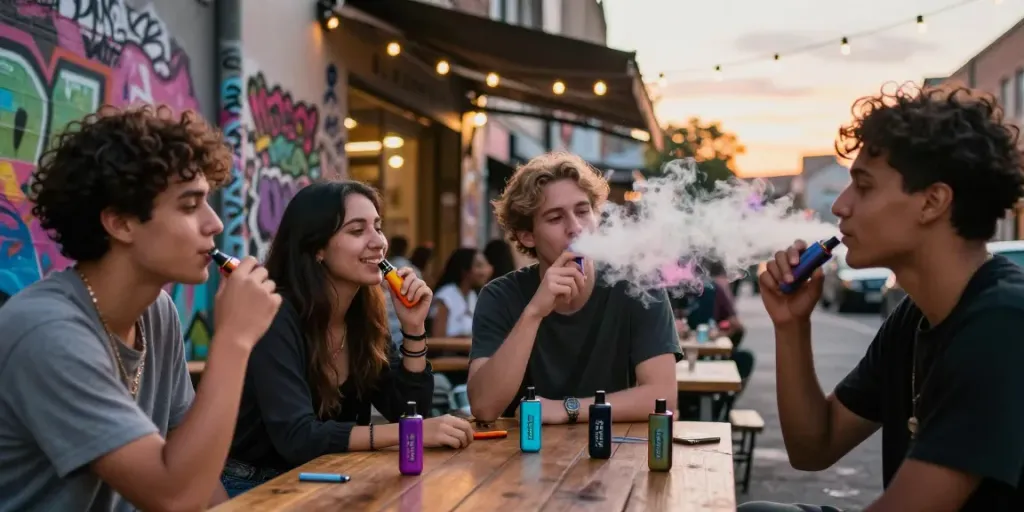 Friends having fun with Hitz infinity Gen 7 vapes in a lively urban setting.