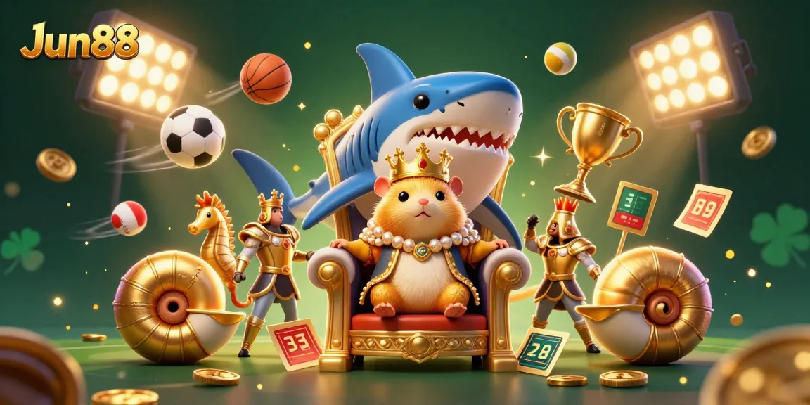 Engage in thrilling gaming at Jun88 with a golden hamster king surrounded by dynamic casino elements.