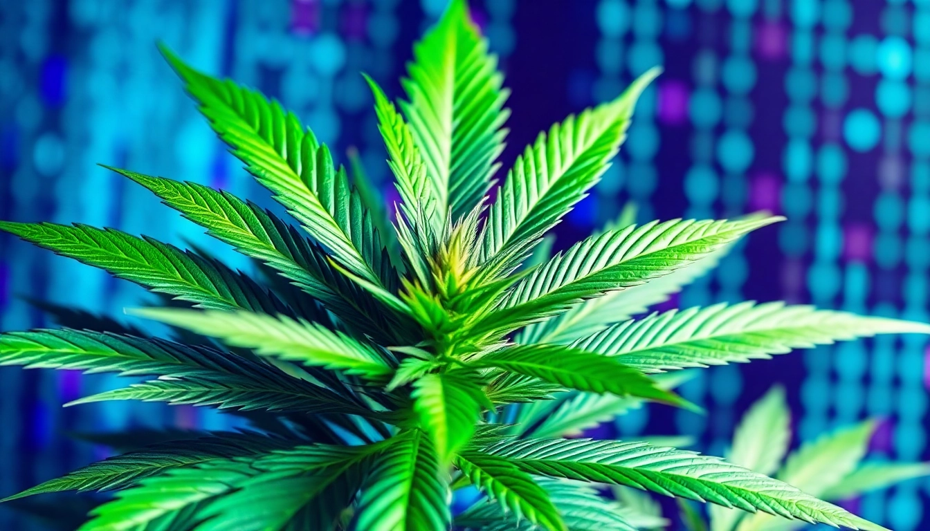 Engaging visual of geekthc showcasing a vibrant cannabis plant in a tech-inspired environment.