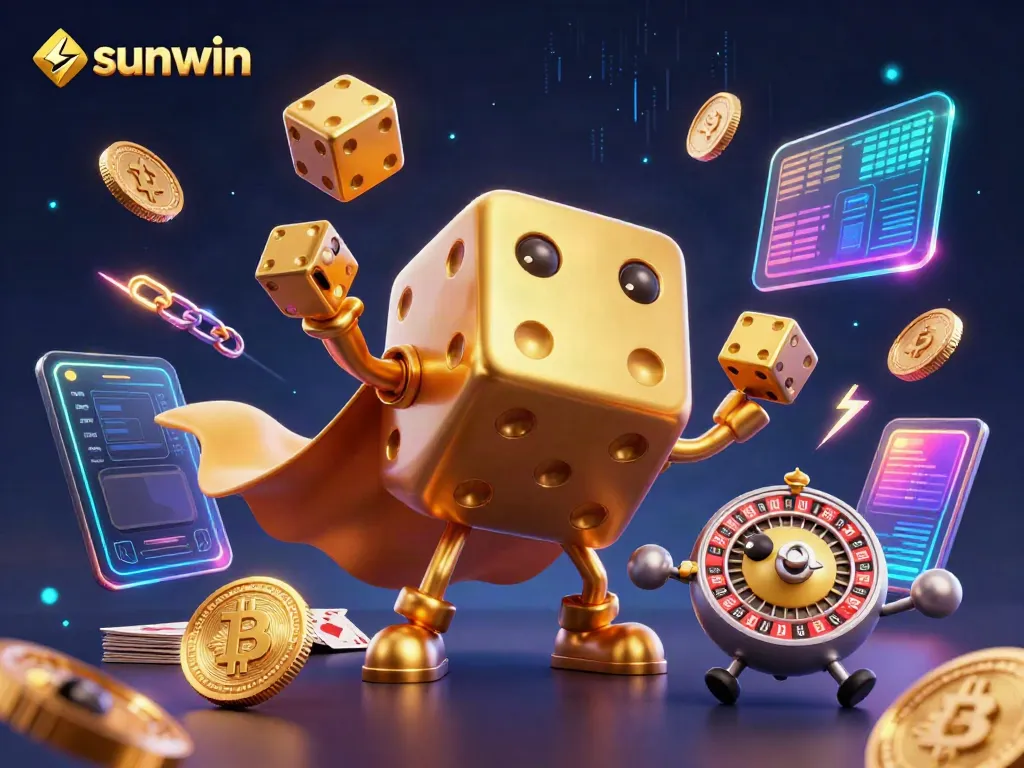Experience the thrill of gaming with sunwin, featuring a whimsical golden dice golem and crypto coins.