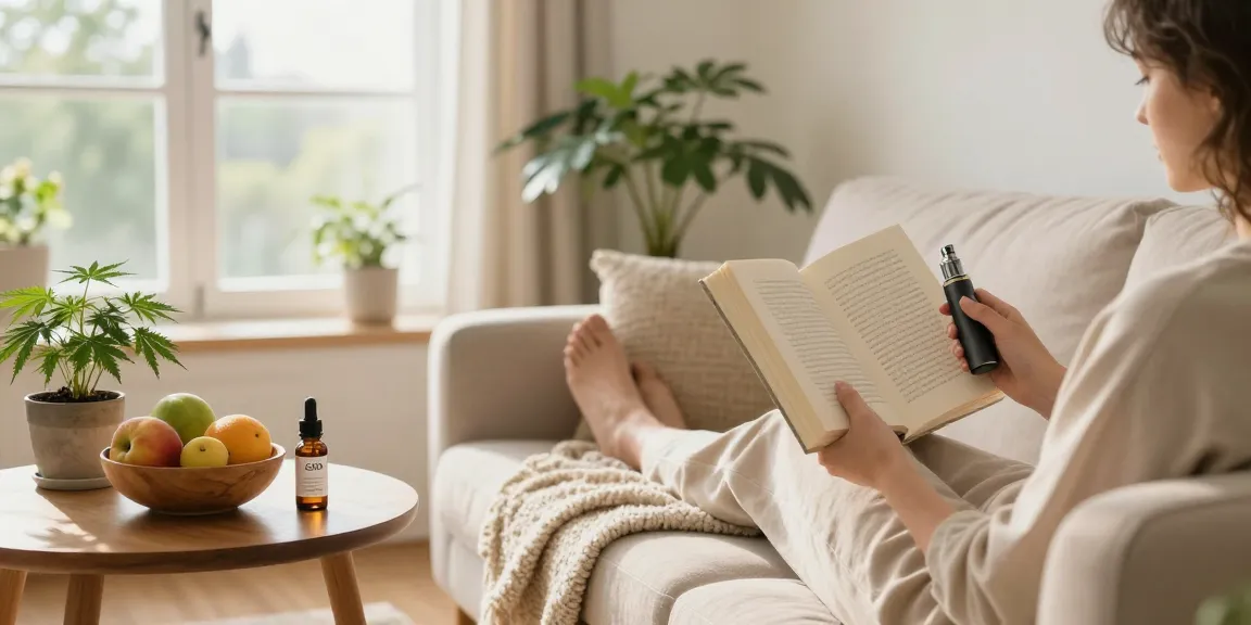 Enjoying cannabis vape with natural CBD oils in a serene living space, emphasizing wellness and organic lifestyle.