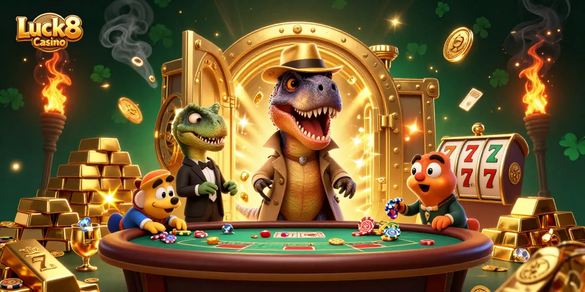 Experience the excitement of Luck8 Casino with a raptor card counter and gem-filled vault in a dynamic scene.