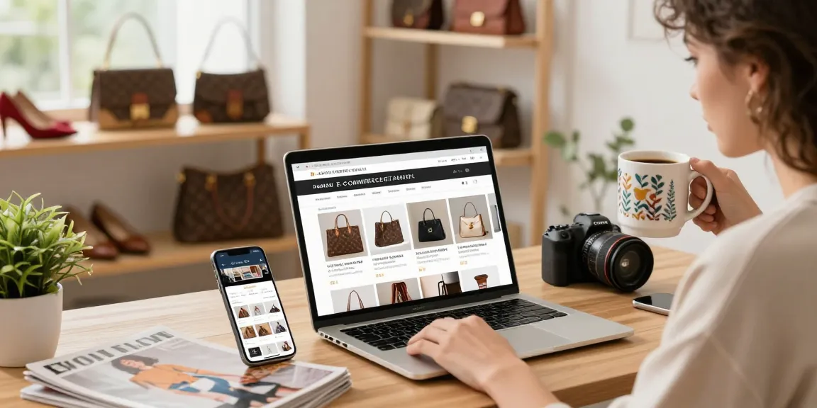 Engaging online shopping experience on a 레플리카 사이트 with stylish items surrounding a cozy home office setup.