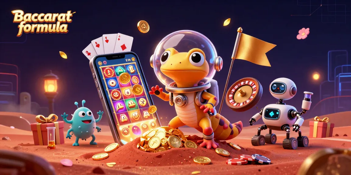 This vibrant scene of a Martian gecko exploring a golden casino highlights the Baccarat formula for exciting gameplay.