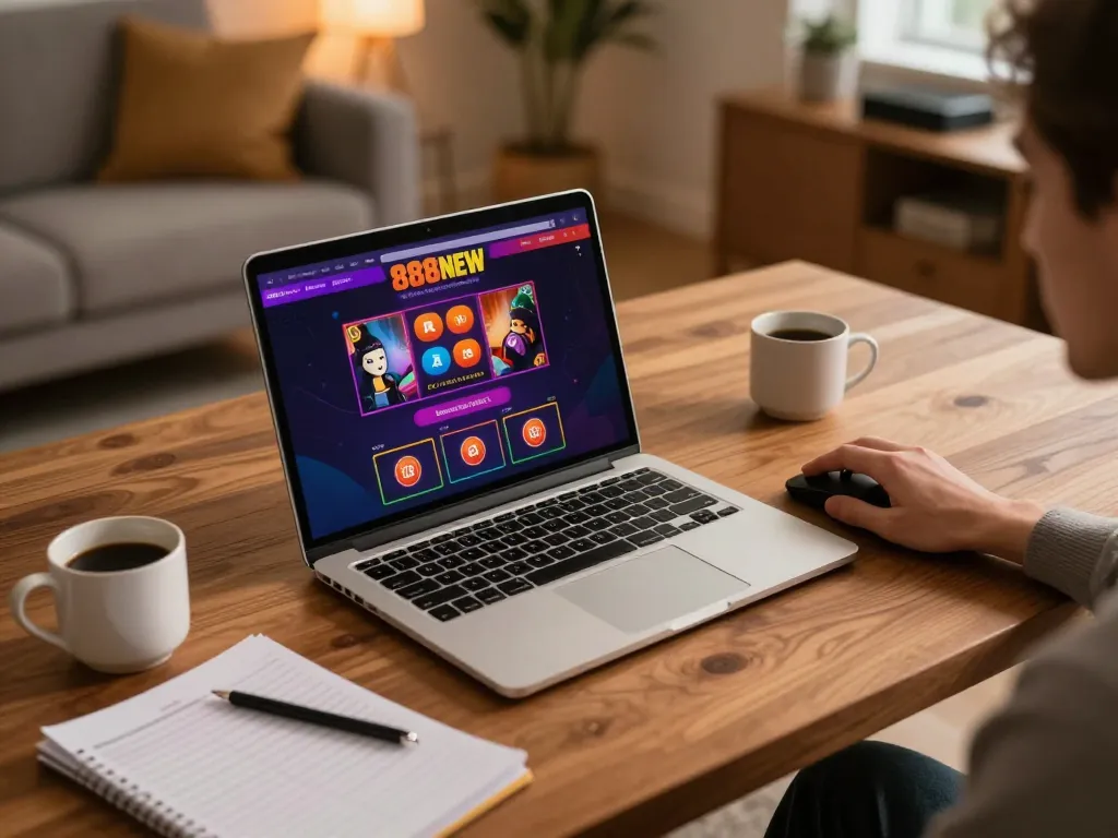 Engaging experience using 888NEW for online casino gaming with vibrant interface on a stylish laptop