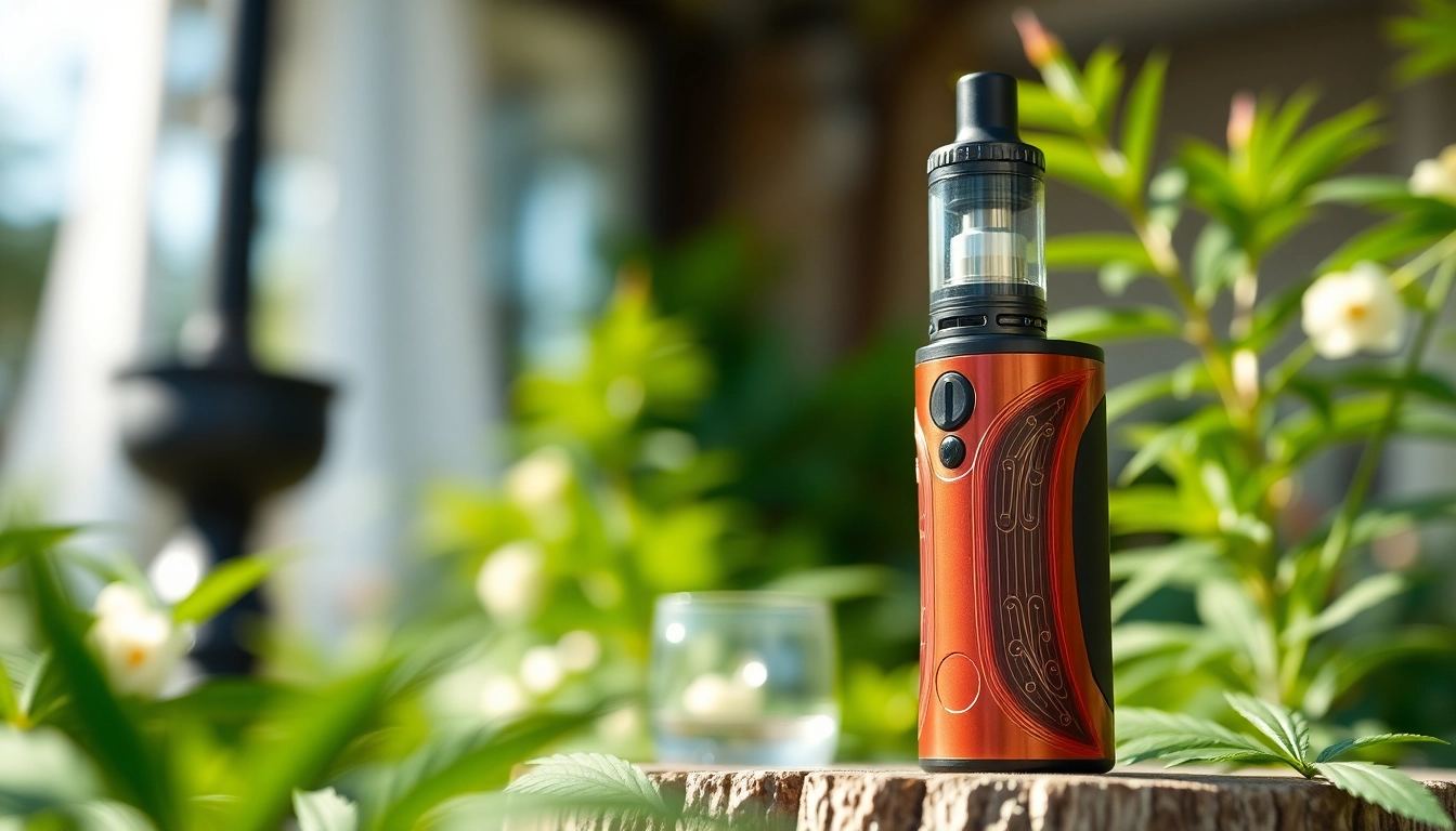 Showcasing a sleek cbd oil vape device in a serene setting with greenery.