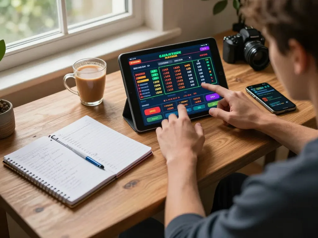Engaged gambler analyzing Prediksi Jitu while placing bets on a tablet in a cozy gaming setup
