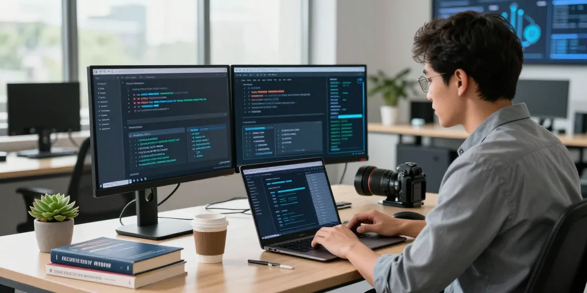 Professional IT workspace at https://shs-dome5.com/ with dual monitors showing security checks and alerts