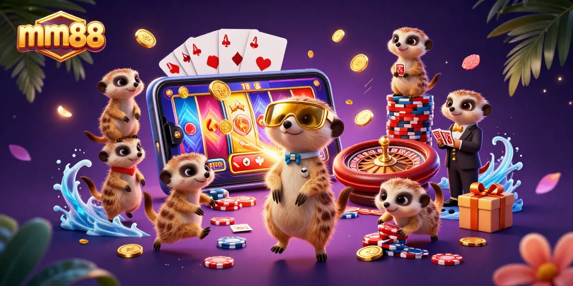 Experience mm88 excitement with meerkats running a vibrant casino operation, surrounded by slot games and chips.