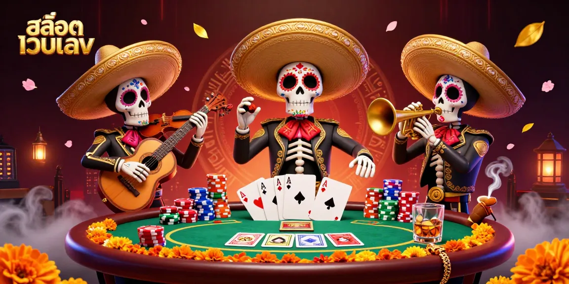 Engage with สล็อตเว็บตรง through a lively mariachi band playing amidst vibrant casino graphics.