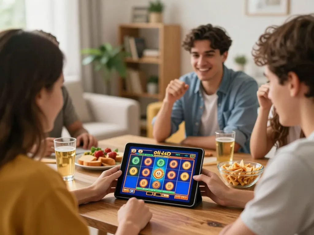 Friends enjoying an exciting session of oli 4d slot game on a tablet in a cozy living room.