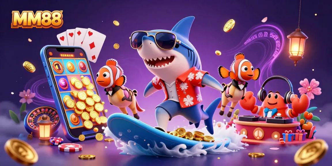 MM88 offers thrilling gaming with a shark surfing gold coins and a crab DJ at a vibrant online casino.