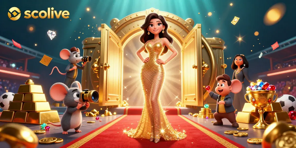 Socolive delivers high-quality sports betting action as stunning woman poses under sparkling gold treasures, capturing excitement.