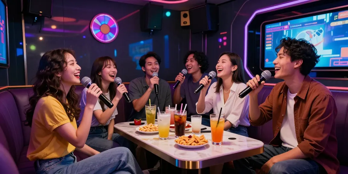 Exciting karaoke atmosphere at www.3no.org with friends enjoying drinks and singing in vibrant lounge.