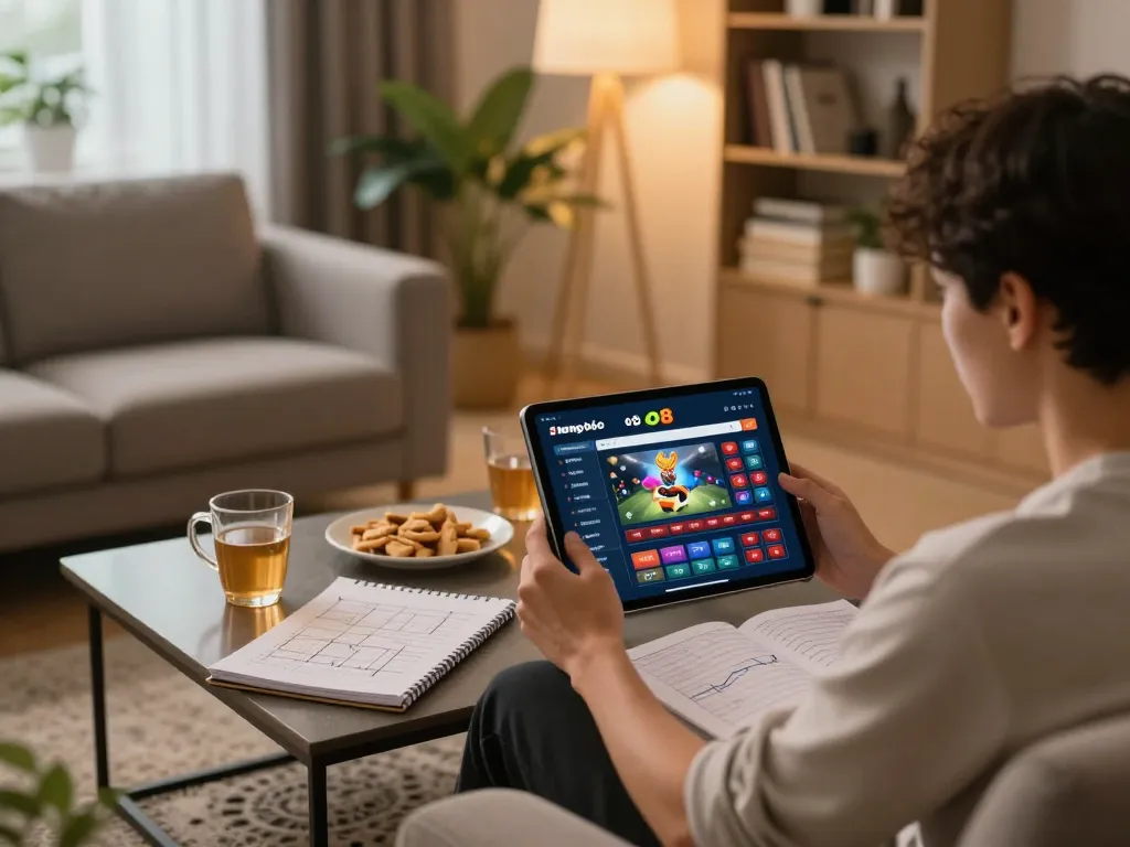 Engaging with the trang chủ o8 online casino interface from a cozy home setting, highlighting immersive gaming experience.