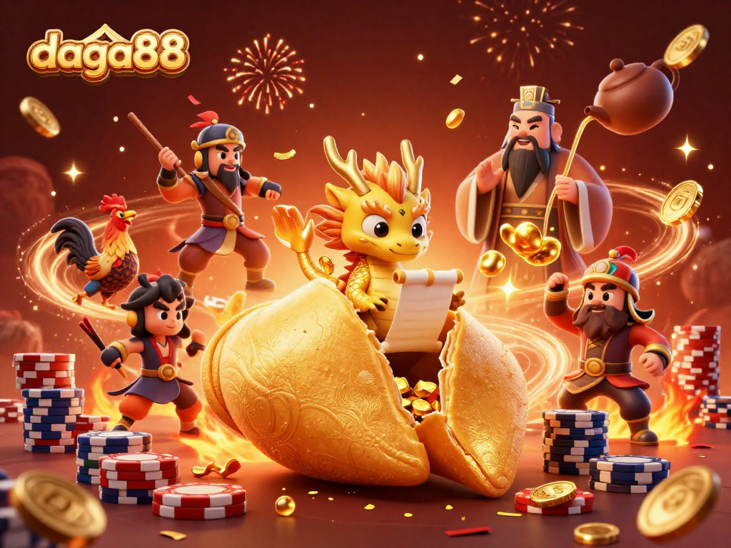Engage in the thrilling world of daga88 as a wise dragon unveils fortunes inside a giant golden cookie.