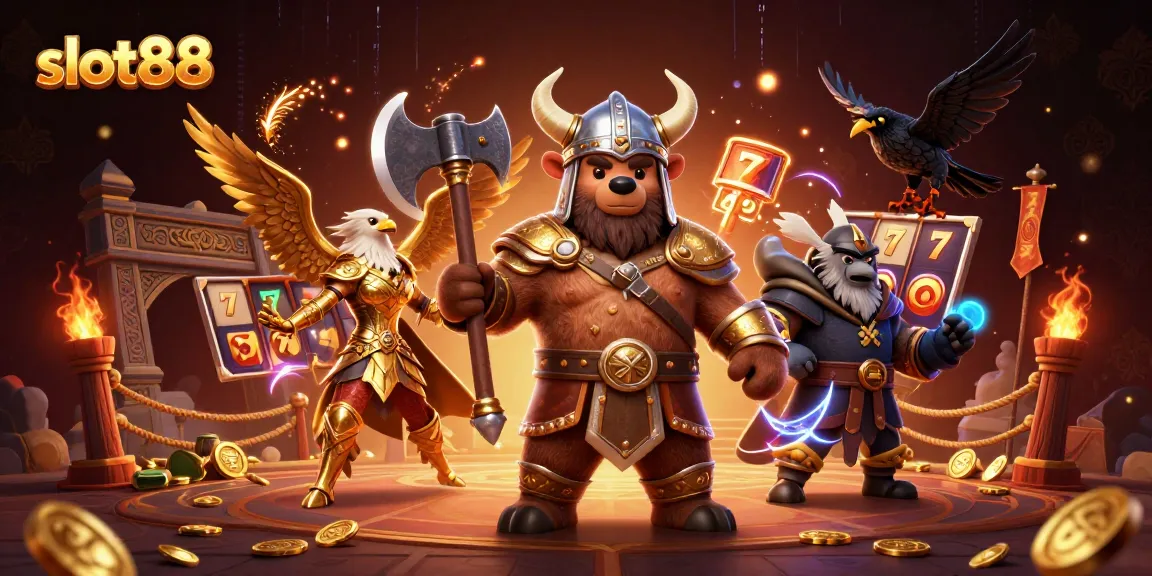 Engage in thrilling slot88 gameplay with the Viking berserker and Valkyrie in an epic gambling scene.