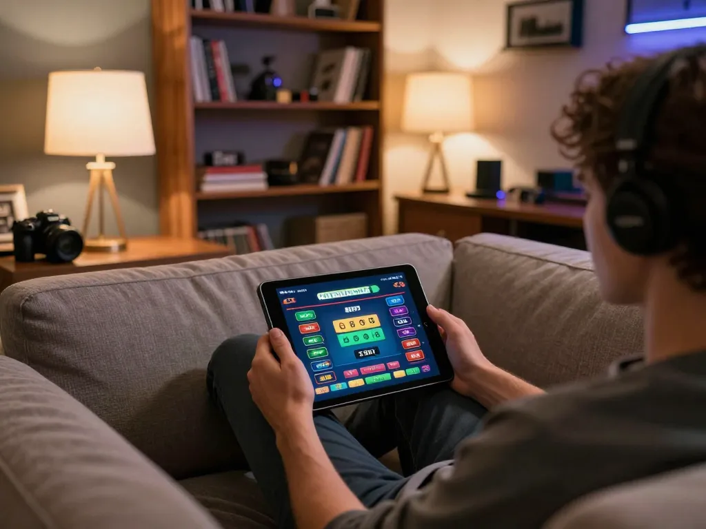 Engaging with the betbet online casino app on a cozy home sofa, showcasing responsible gaming in a warm atmosphere.