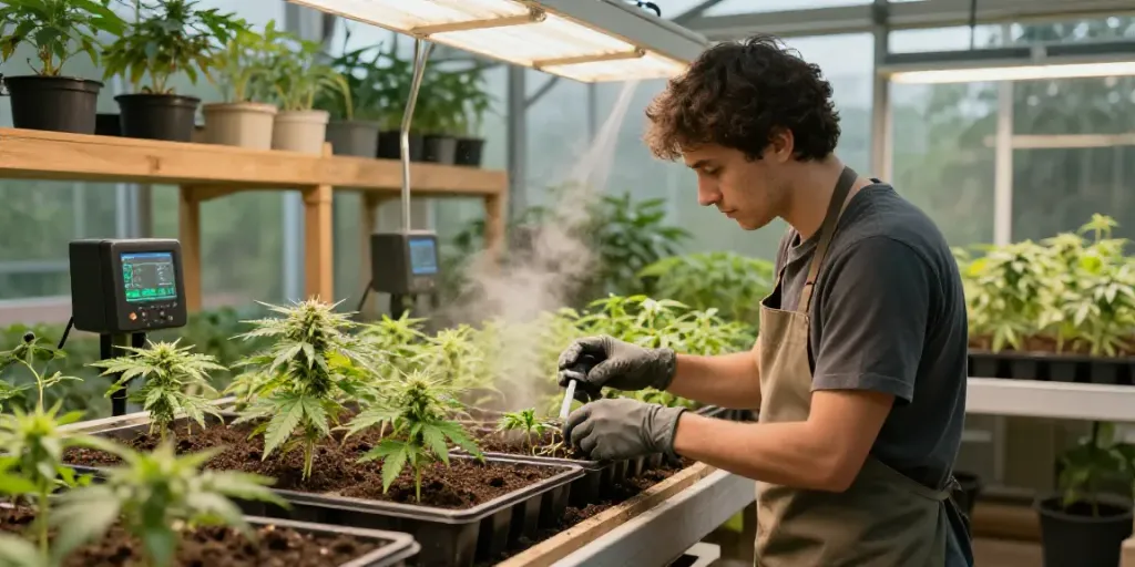 Cannabissamen kaufen - Grower nurturing cannabis seedlings in a bright greenhouse.