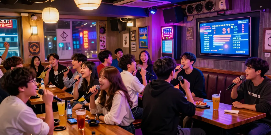 Experience 제주유흥 in vibrant karaoke bar atmosphere with friends singing and enjoying drinks.