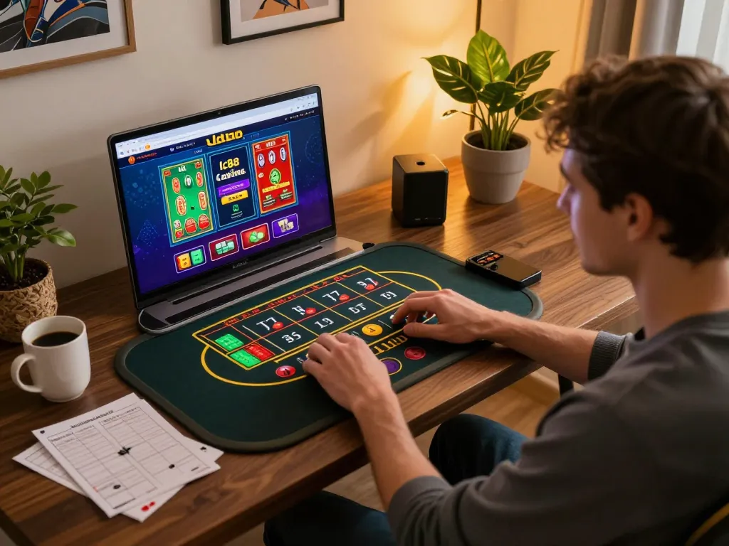 Player exploring lc88 online casino games at home, showcasing comfort and strategic gameplay.