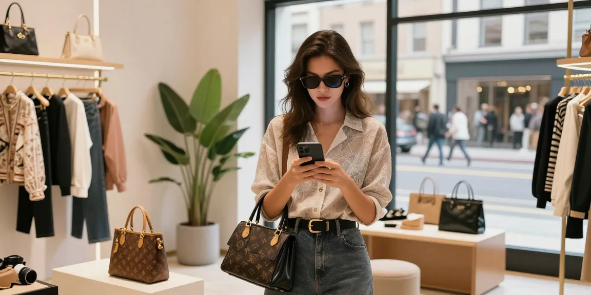 Youthful woman exploring luxurious 레플리카 fashion items in a stylish urban boutique.