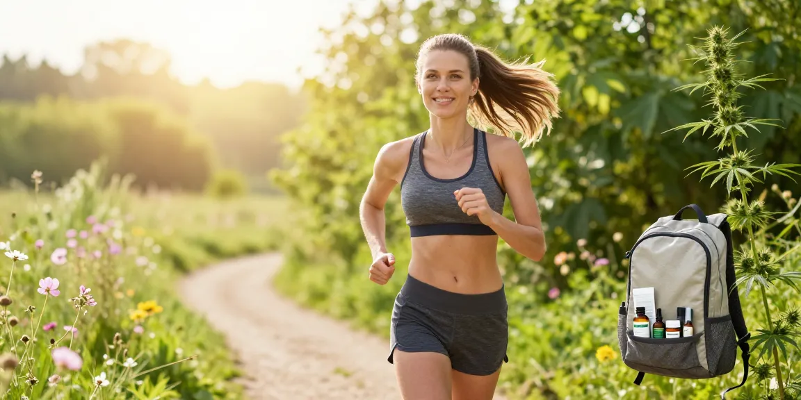 Reviews hempworx highlight natural wellness scene with active woman using CBD products during a scenic outdoor run, promoting healthy lifestyle.