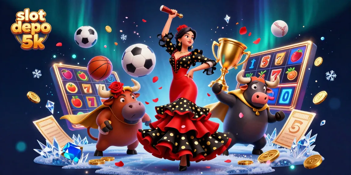 Experience the excitement of slot depo 5k with a vibrant illustration featuring a flamenco dancer, a fighting bull, and slot game elements.