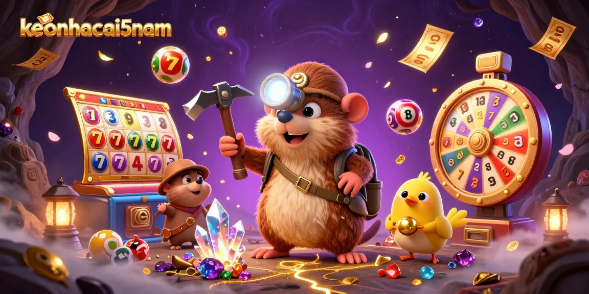Engage with the lively world of keonhacai5nam featuring a treasure hunter mole, rich gambling elements, and vibrant visuals.