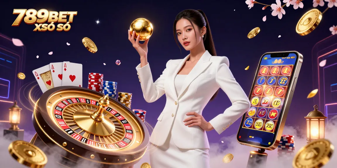 Win big with 789BET XỔ SỐ; an energetic 3D illustration of a confident woman in a tuxedo, holding a roulette ball amidst casino elements.