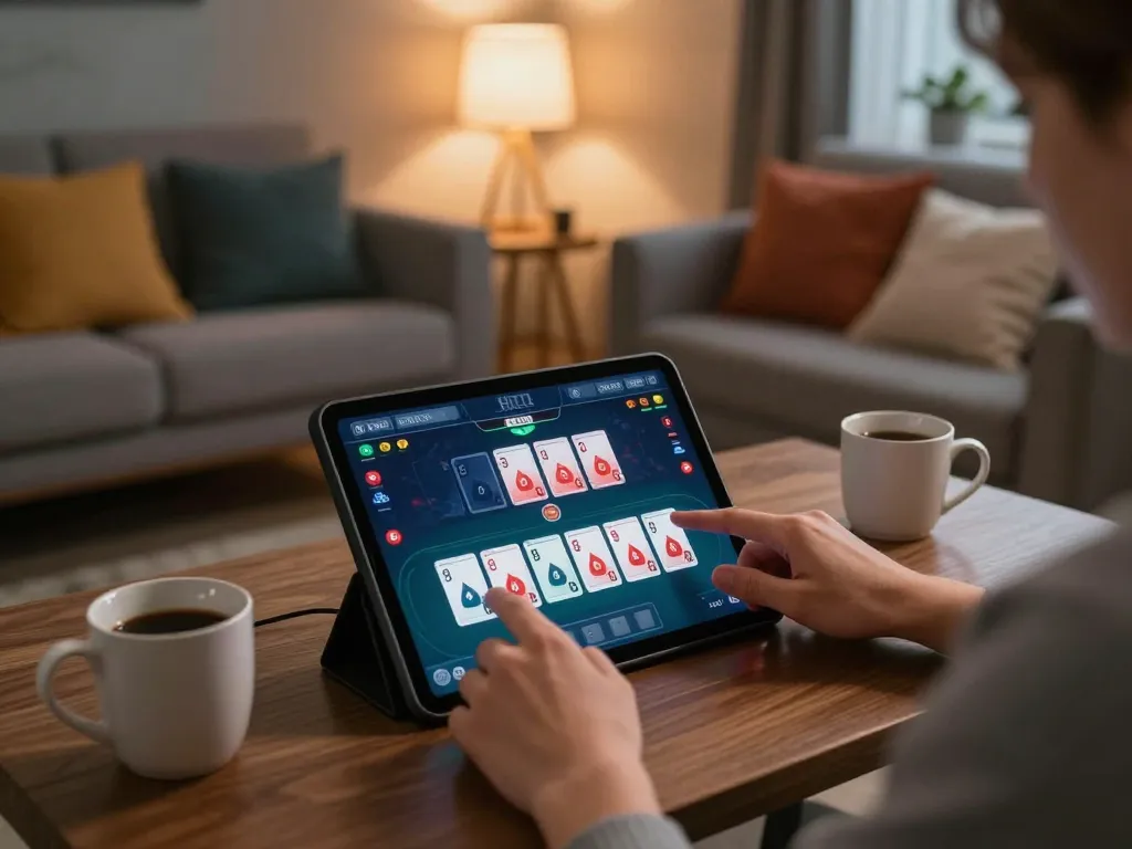 Engaging in online poker at home with 388bet on a tablet, showcasing strategic gameplay.