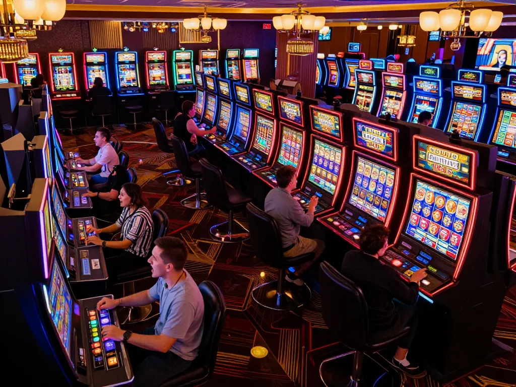 Excited players engaging in a slot bet 200 at lively casino machine games, vibrant atmosphere visible.