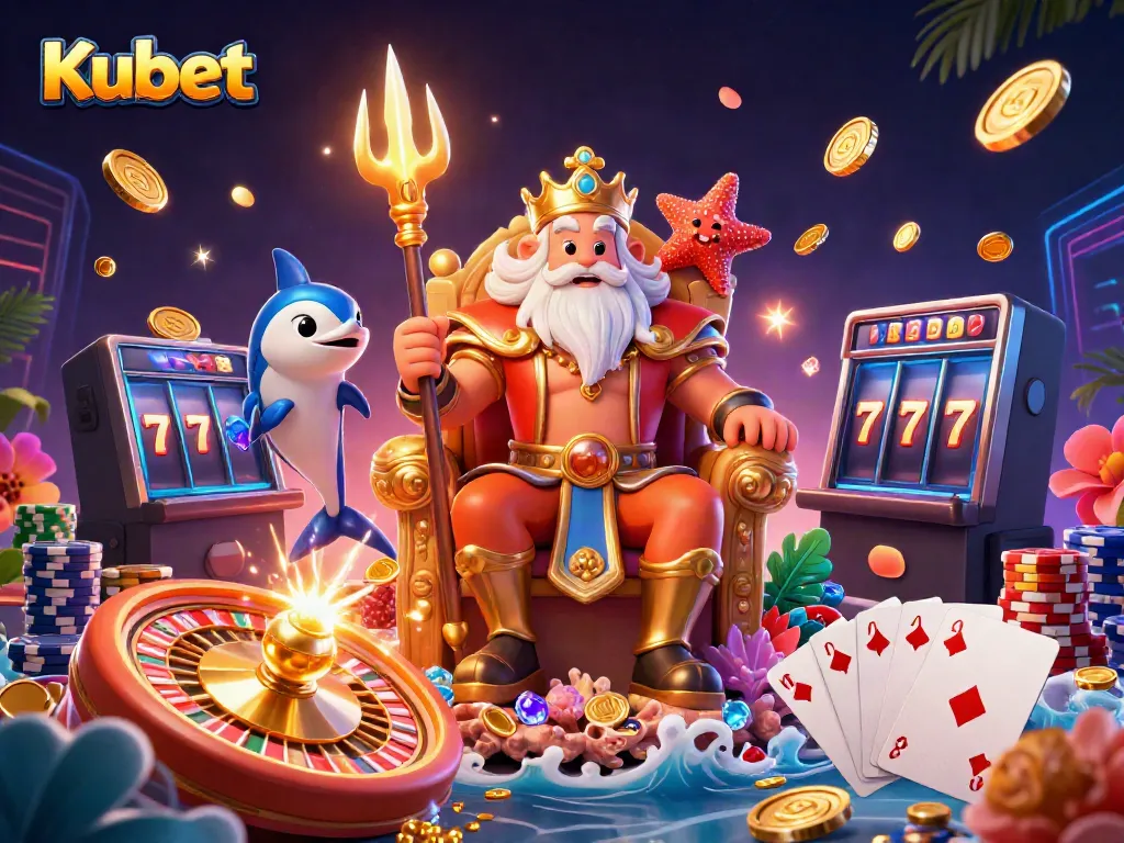 Kubet offers an immersive gaming experience with vibrant characters showcasing casino excitement, featuring Neptune, samurai, and dazzling coins.