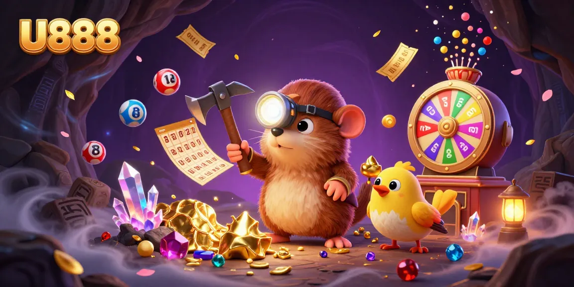Join the exciting adventure with U888 as the treasure hunter mole digs for gold amidst vibrant lottery elements in a thrilling casino atmosphere.