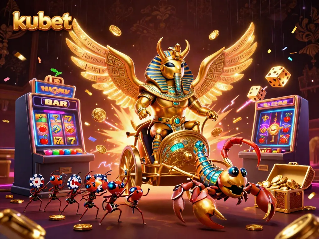 Experience exciting gaming adventures with kubet's vibrant 3D illustration showcasing a golden beetle and exciting casino elements.
