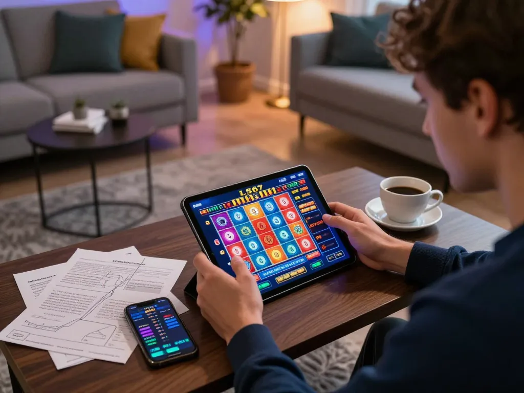 L567 user engaged in online casino gaming on tablet, showcasing colorful slot interface in modern living room.