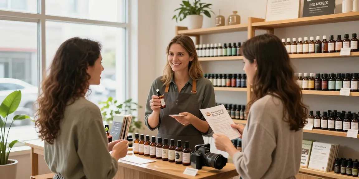 Buy CBD oil Canada: Friendly staff assisting customers in a cozy shop filled with organic CBD oil products.