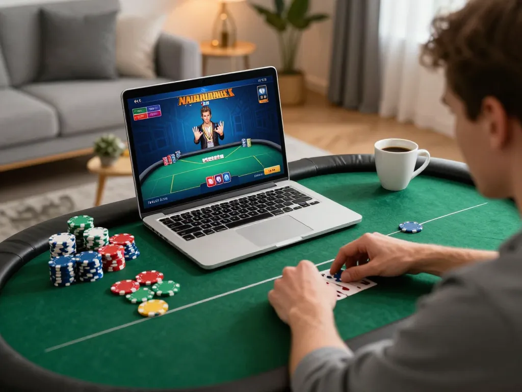 Engaged player enjoying online poker at home using tr88it, showcasing colorful poker chips and laptop.