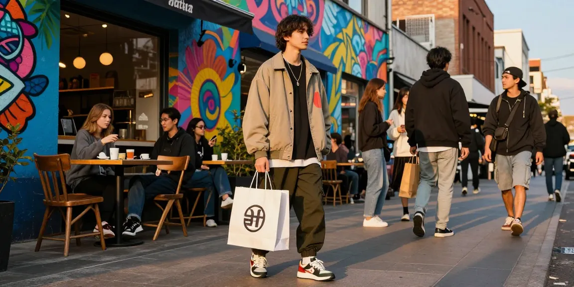 Fashion model showcasing a stylish 레플리카 outfit in an urban setting, vibrant street scene.